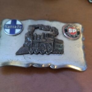 Vintage Train Belt Buckle with Santa Fe and Southern Pacific Logos